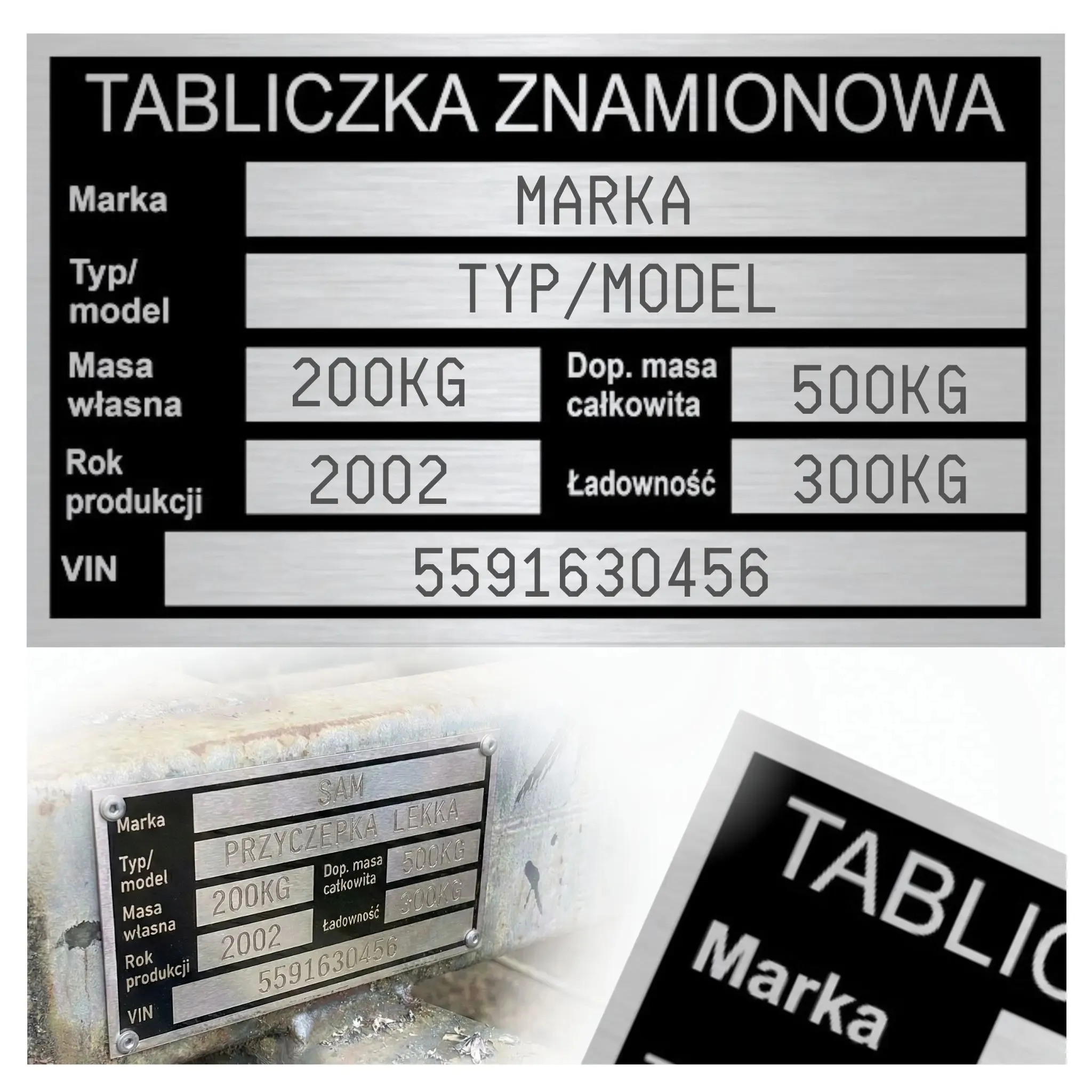 Tabliczka znamionowa zastępcza do przyczepy, samochodu maszyn GRAWEROWANA